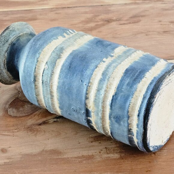 Drip glaze, blue, tan & grey layered Handcrafted studio art pottery vase - Picture 2 of 11